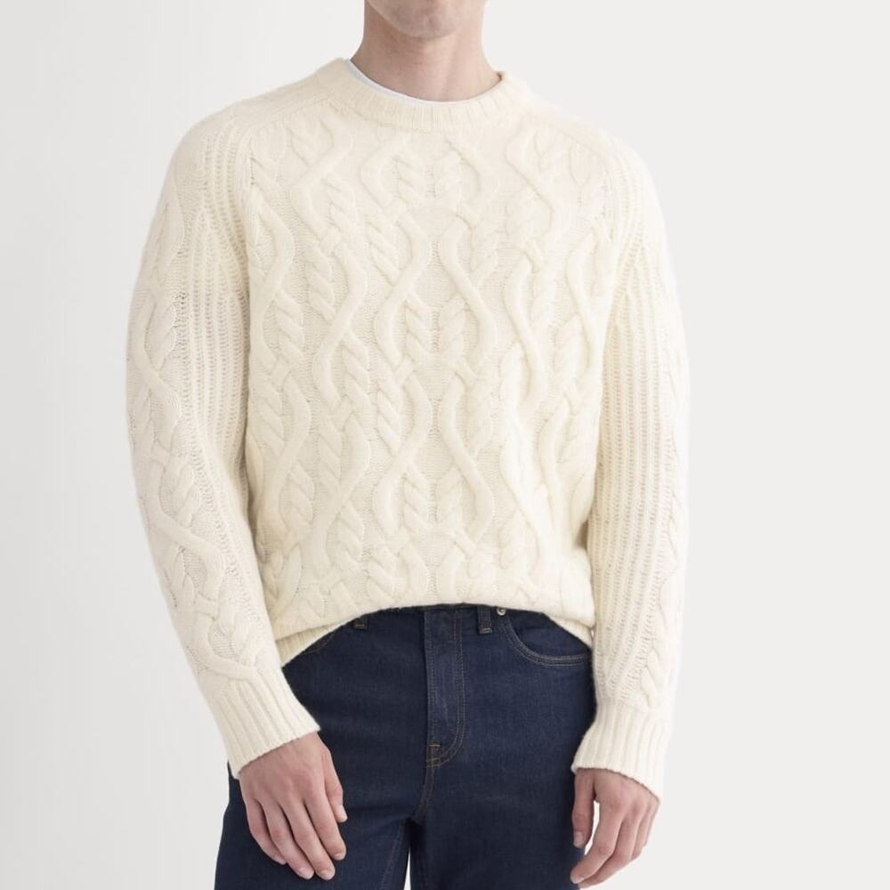 Everlane Men's Merino Wool Chunky Cable Knit Crewneck Pullover, Sz XL, In Cream